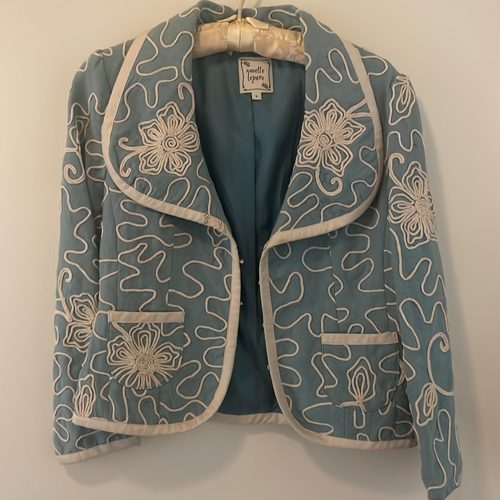 NANETTE LAPORE Blue Cream LINEN Peplum Jacket preowned